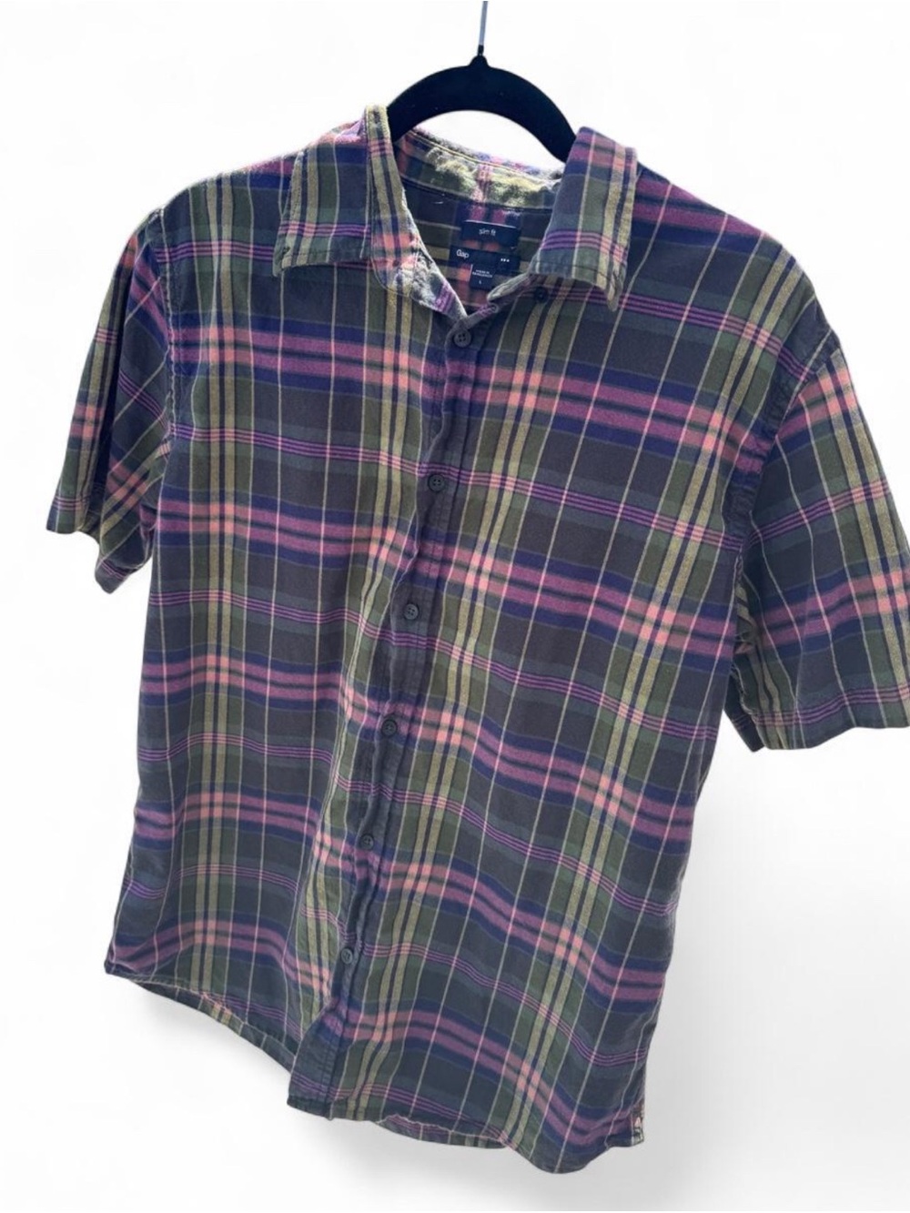 Gap Short-Sleeve Plaid Button-Up Shirt in Olive, Purple, & Pink